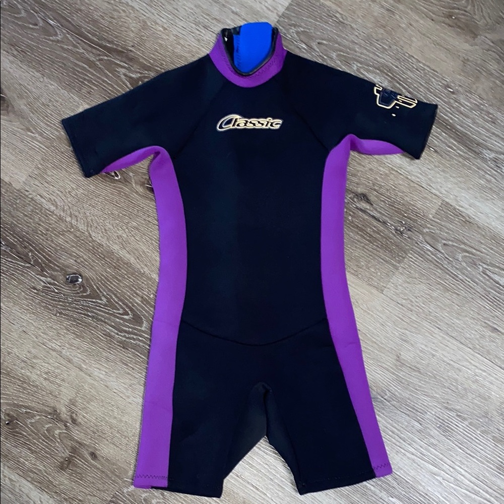 Aleeda Shorty Wetsuit Black & Purple Back Zip Neoprene Spring Suit Kids Large